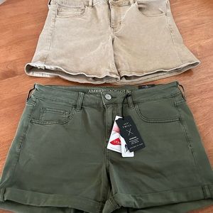 American Eagle size 14 super stretch shorts. One pair olive, one pair tan